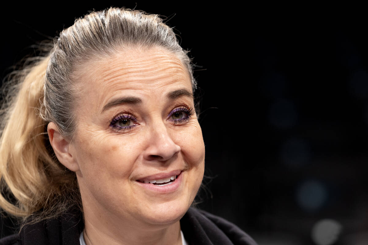 Las Vegas Aces head coach Becky Hammon speaks to reporters during a practice ahead of Game 4 of ...