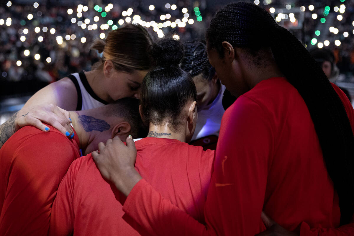 The Las Vegas Aces gather before Game 4 of a WNBA basketball final series against the New York ...