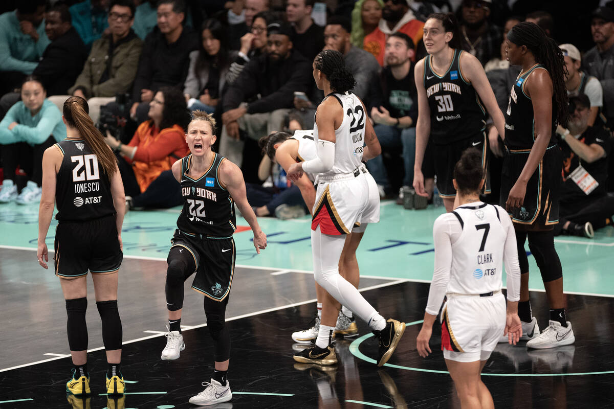 New York Liberty guard Courtney Vandersloot (22) reacts after her team is called on a foul duri ...