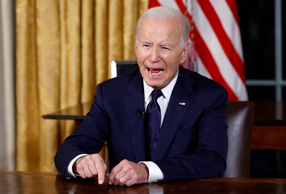 President Joe Biden speaks from the Oval Office of the White House Thursday, Oct. 19, 2023, in ...