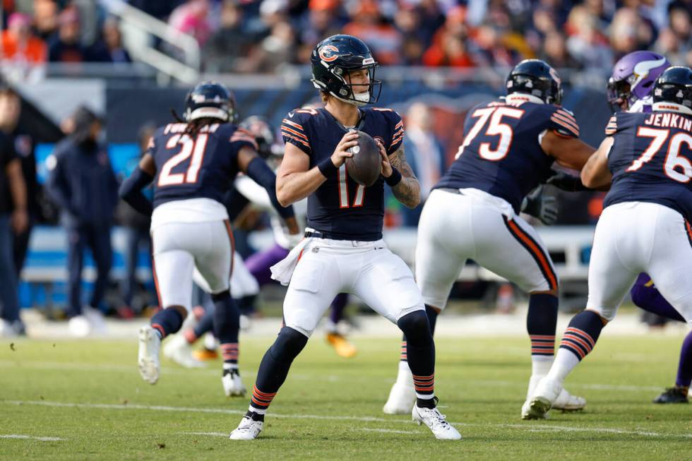 Chicago Bears quarterback Tyson Bagent (17) looks to pass the ball against the Minnesota Viking ...