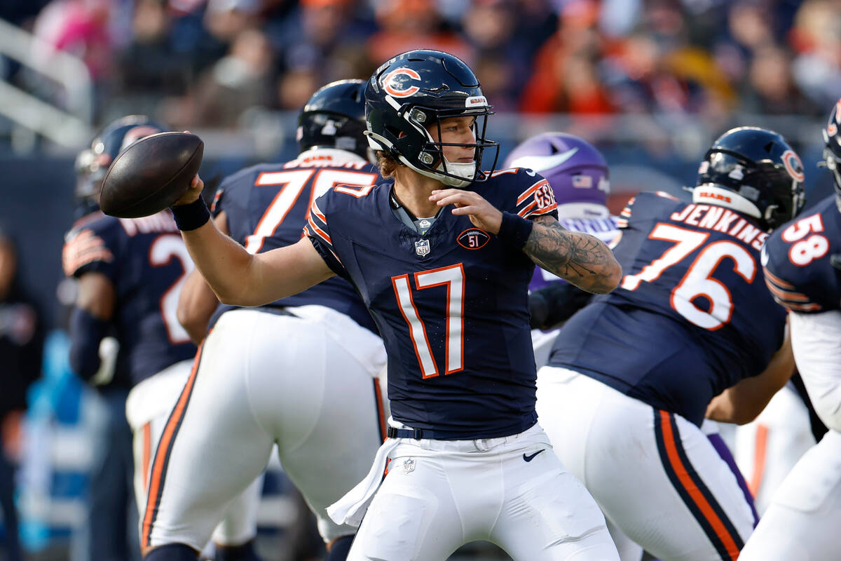 Chicago Bears quarterback Tyson Bagent (17) looks to pass the ball against the Minnesota Viking ...