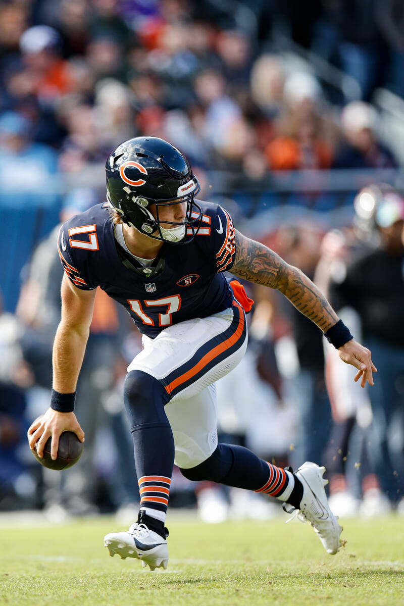 Chicago Bears quarterback Tyson Bagent (17) looks to pass the ball against the Minnesota Viking ...