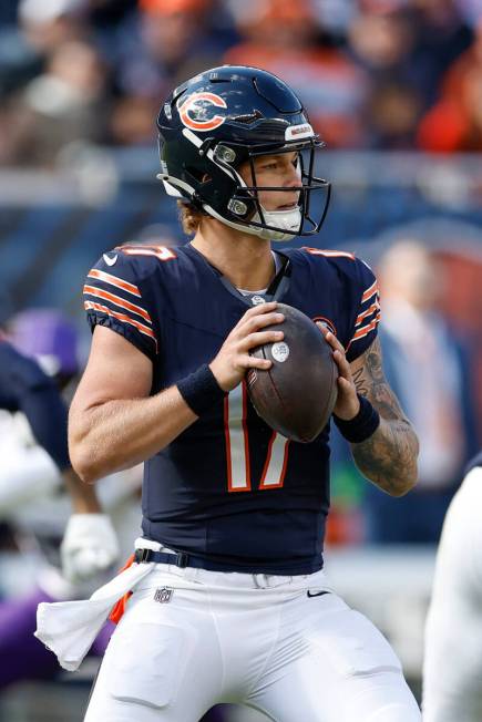 Chicago Bears quarterback Tyson Bagent (17) looks to pass the ball against the Minnesota Viking ...