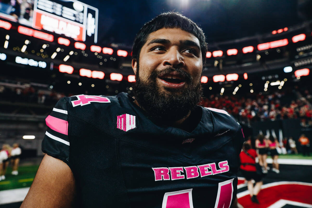 UNLV defensive lineman Waisale Muavesi (44) celebrates after beating Colorado State and becomin ...
