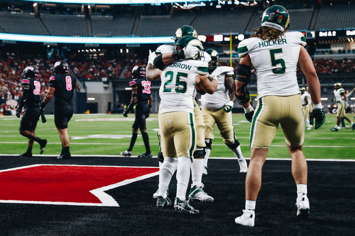 Colorado State players celebrate a touchdown during a game against UNLV at Allegiant Stadium on ...