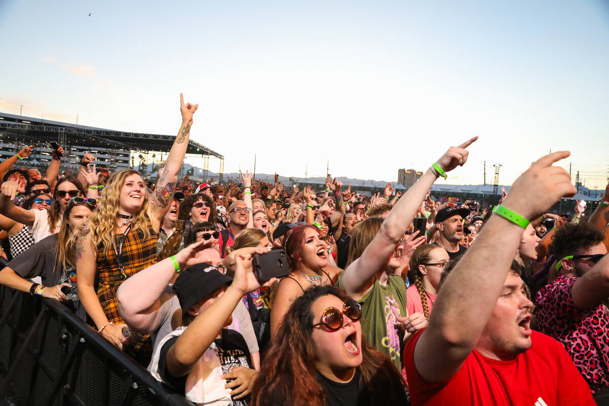 Punk rock fans cheer on Gym Class Heroes at the When We Were Young 2023 music festival on Satur ...