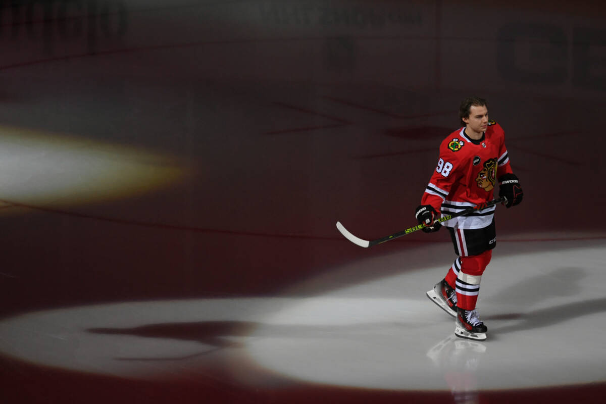 Chicago Blackhawks' Connor Bedard is introduced before an NHL hockey game against the Vegas Gol ...