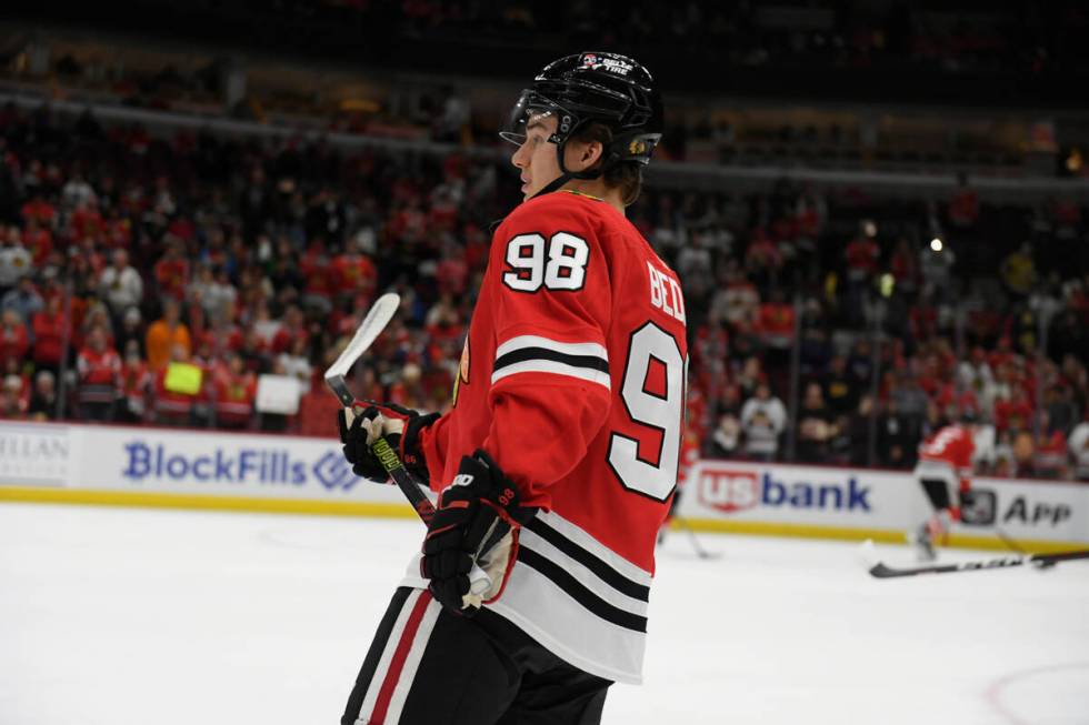 Chicago Blackhawks' Connor Bedard looks on during warmups before an NHL hockey game against the ...