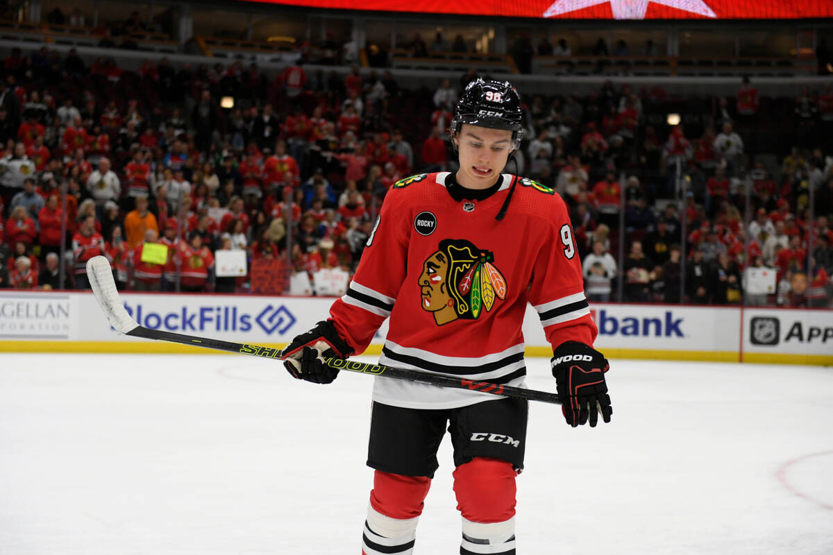 Chicago Blackhawks' Connor Bedard looks on during warmups before an NHL hockey game against the ...
