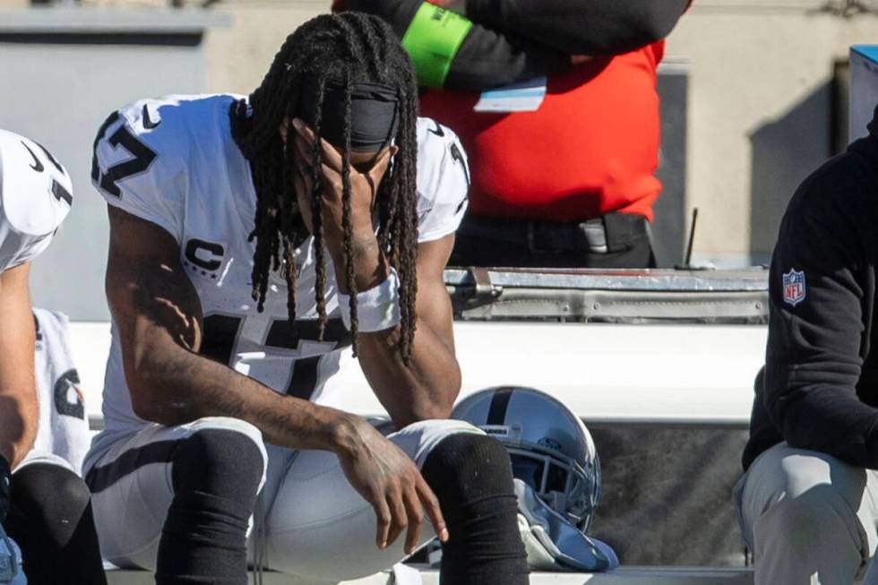 Raiders wide receiver Davante Adams (17) reacts on the sideline during the second half an NFL g ...