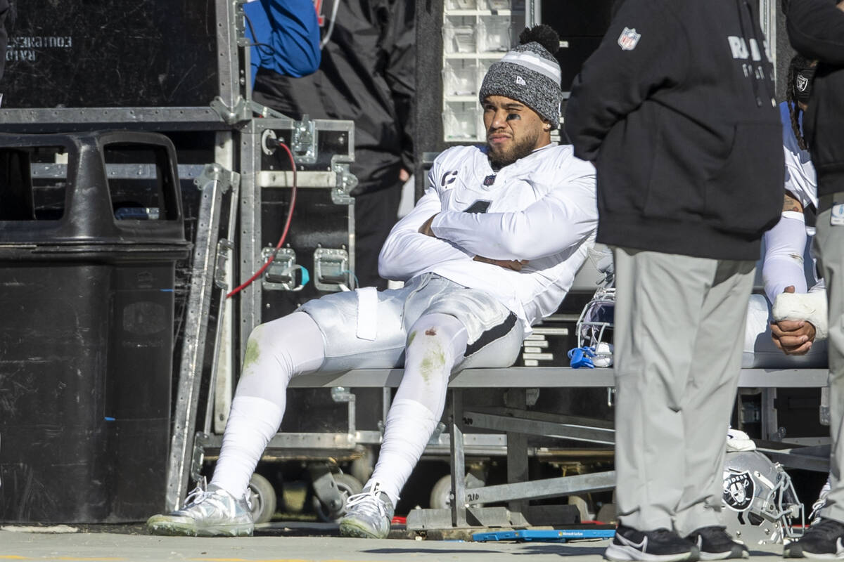 Raiders safety Marcus Epps (1) looks on from the sideline during the second half an NFL game ag ...