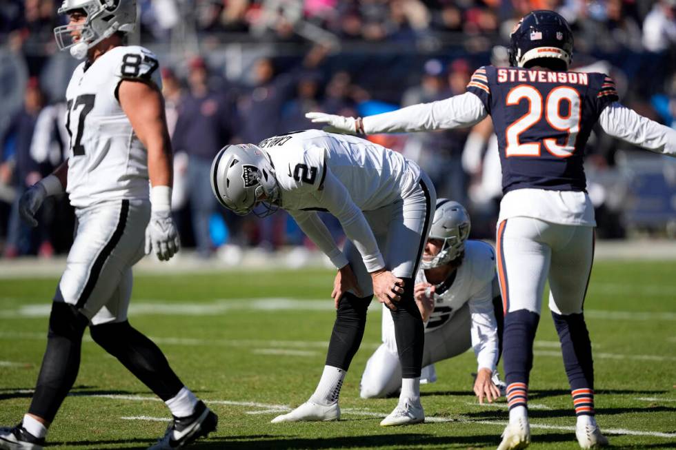 Las Vegas Raiders wide receiver Davante Adams can't hold onto a pass in the end zone in the sec ...