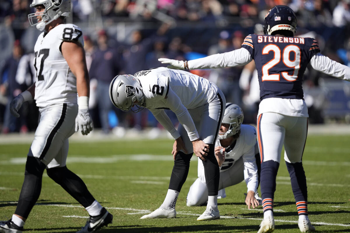 Las Vegas Raiders place kicker Daniel Carlson (2) reacts to missing a 41-yard field goal agains ...