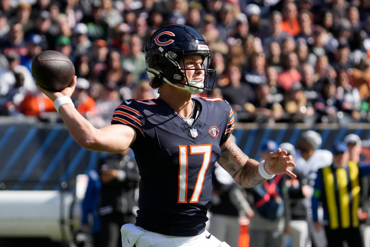 Chicago Bears quarterback Tyson Bagent passes against the Las Vegas Raiders in the first half o ...