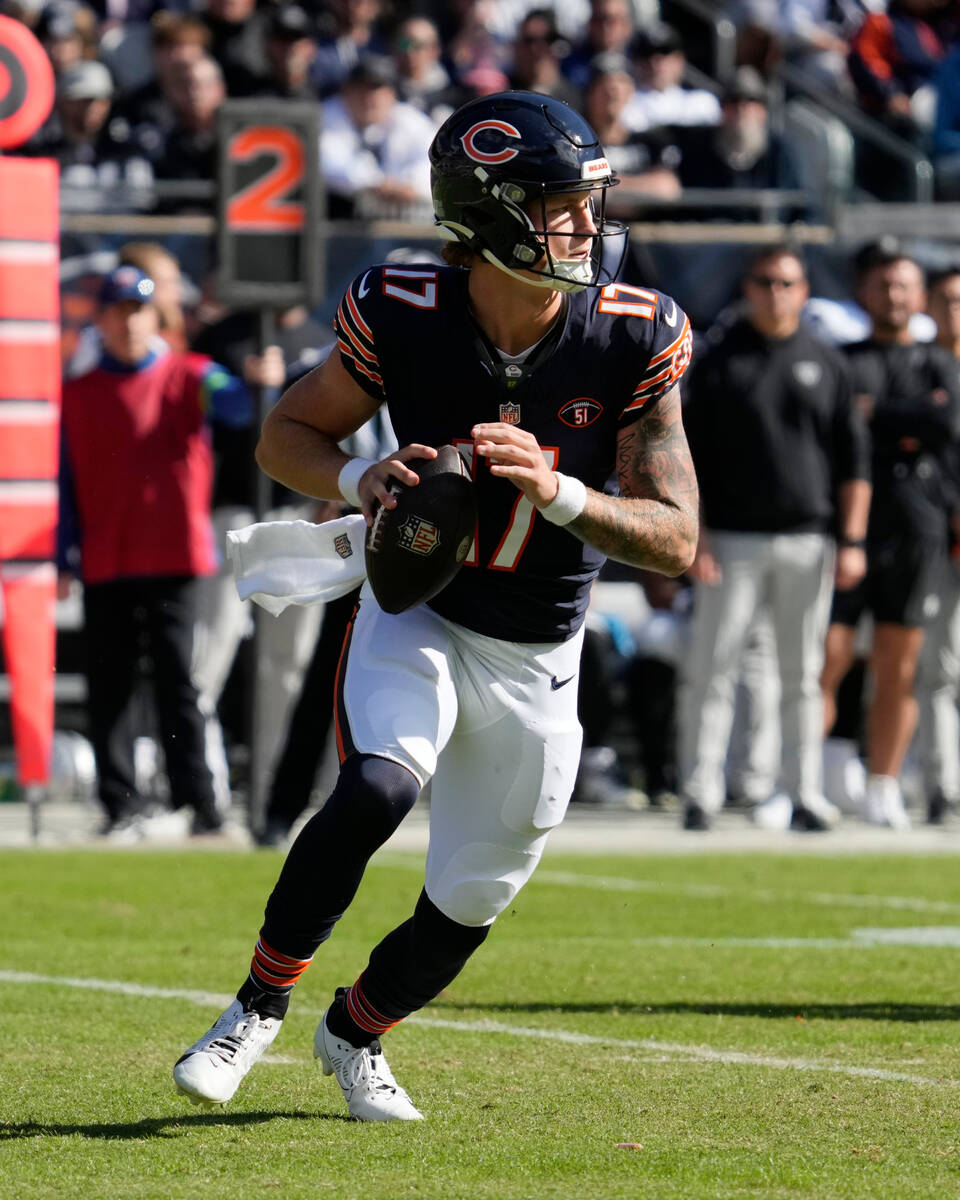 Chicago Bears quarterback Tyson Bagent plays against the Las Vegas Raiders in the first half of ...