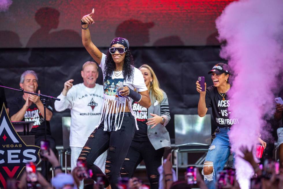 Aces player A'ja Wilson pumps up the crowd during their championship celebration at Toshiba Pla ...