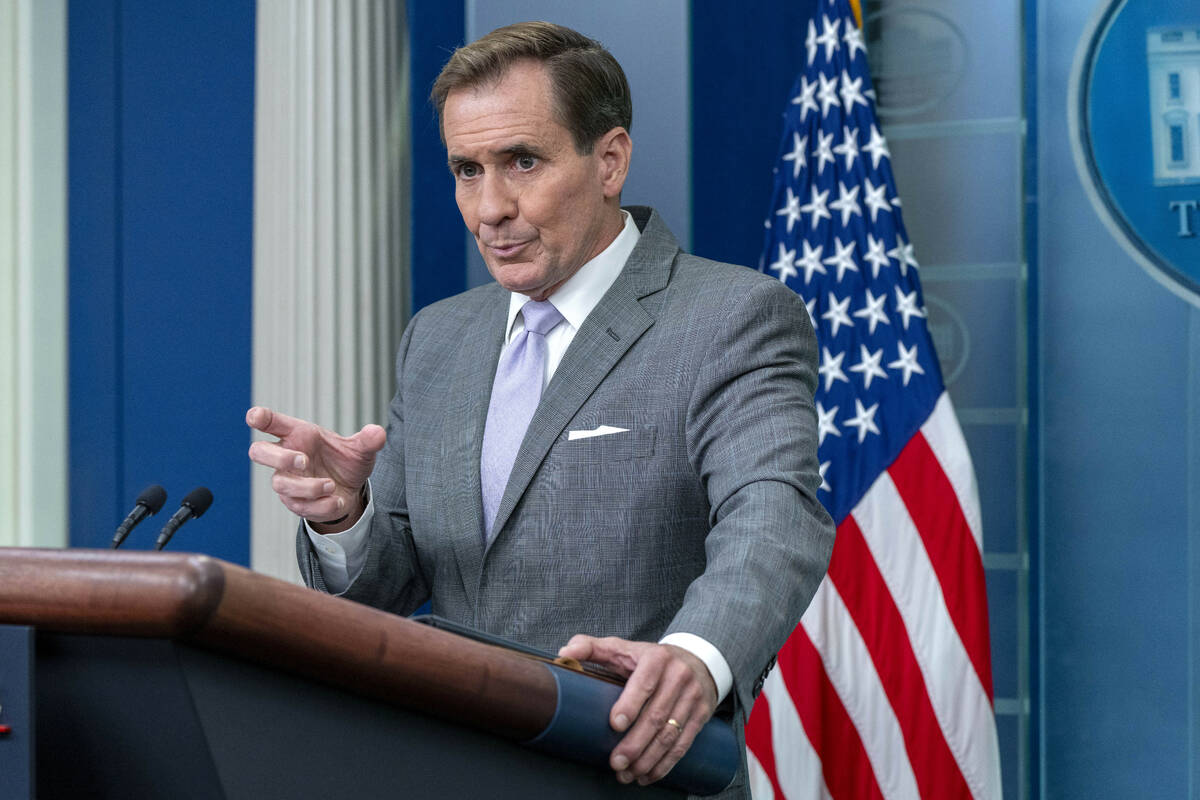 National Security Council spokesman John Kirby, speaks Monday Oct. 23, 2023, during a briefing ...