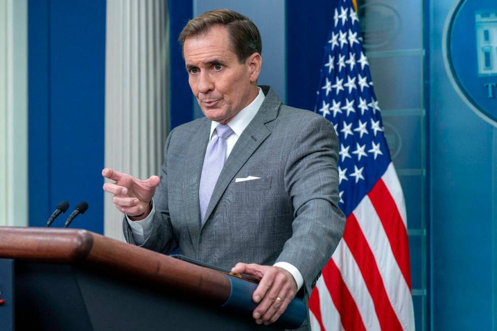 National Security Council spokesman John Kirby, speaks Monday Oct. 23, 2023, during a briefing ...