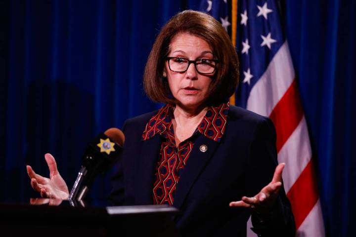 Sen. Catherine Cortez Masto, D-Nev., speaks at Metropolitan Police Headquarters on Monday, Aug. ...