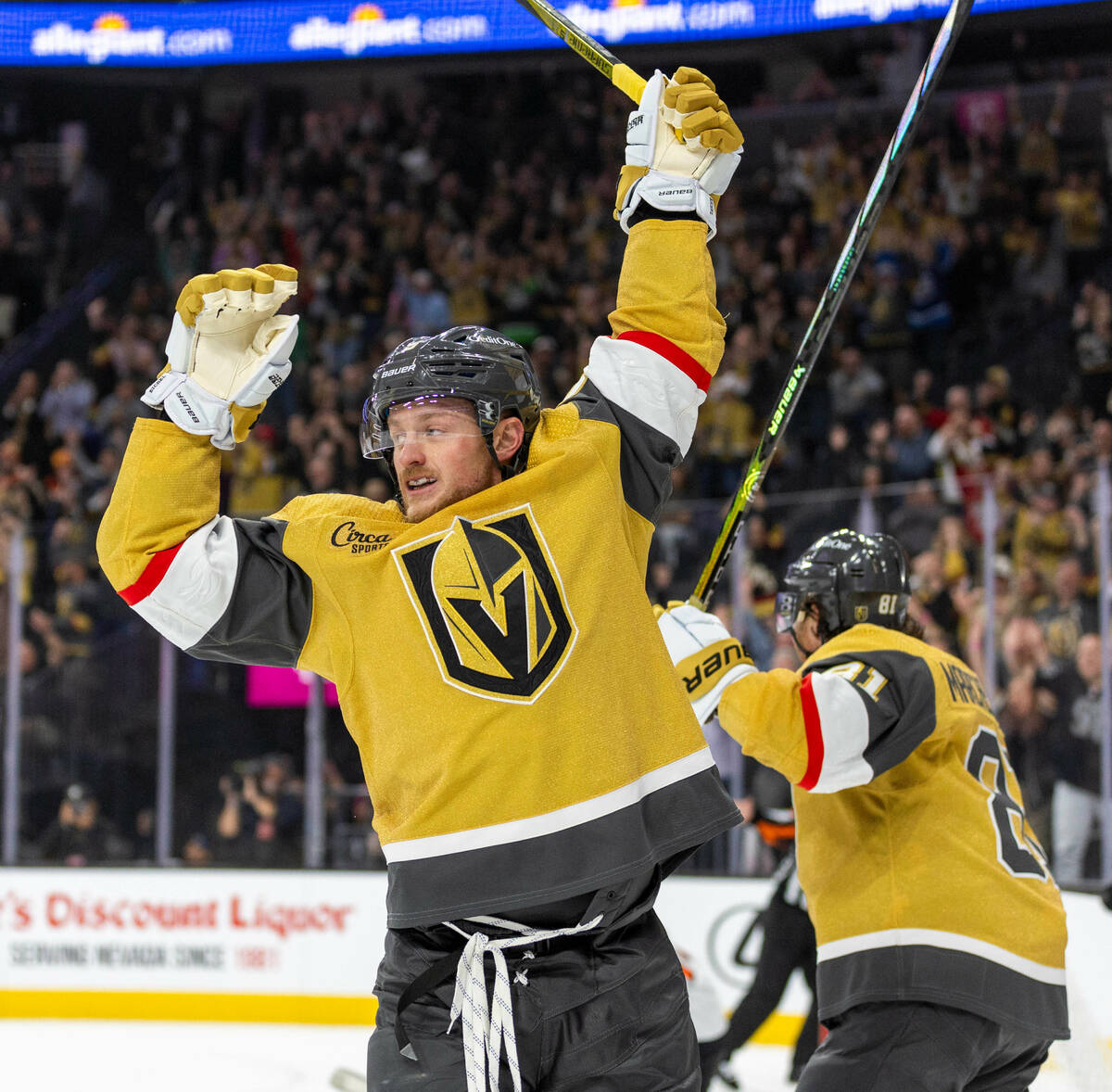 |v9 celebrates a goal on Philadelphia Flyers goaltender Carter Hart (79) during the first peri ...