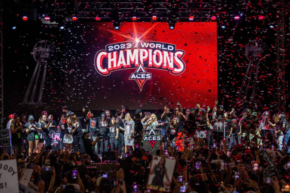 Confetti rains down on the Aces during their championship celebration at Toshiba Plaza at T-Mob ...