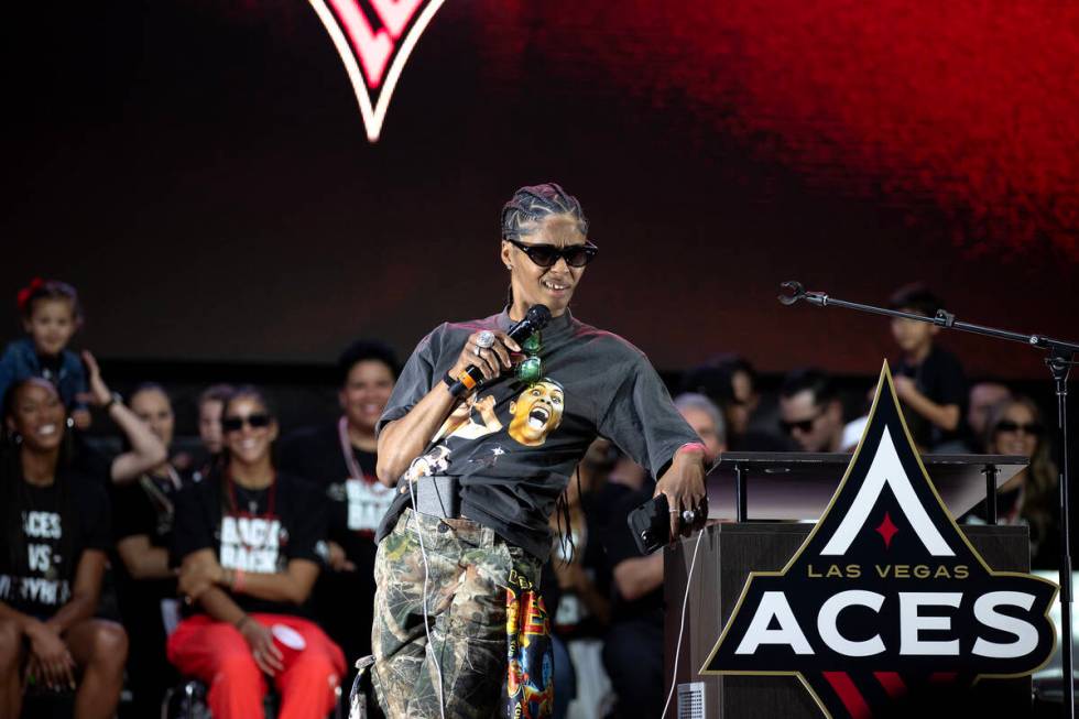 Las Vegas Aces guard Sydney Colson speaks during a celebration of her team’s WNBA basket ...