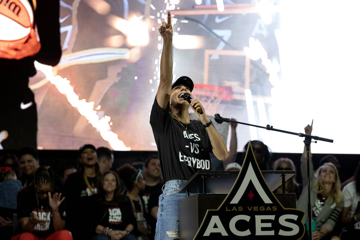 Las Vegas Aces forward Alysha Clark cheers during a celebration of her team’s WNBA baske ...