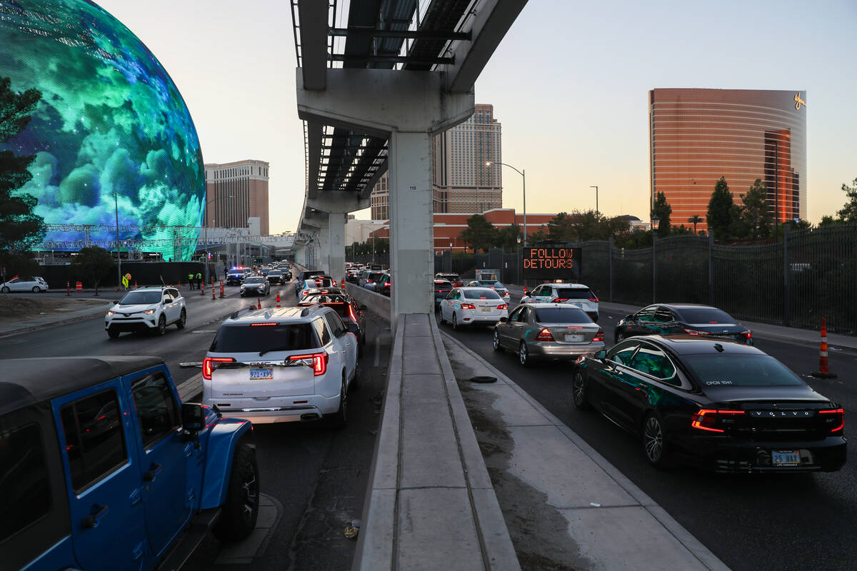 Traffic is backed up on both eastbound and westbound Sands Avenue near the Sphere as constructi ...
