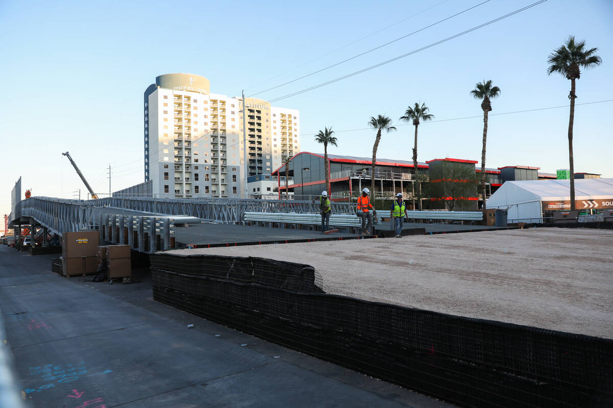 A bridge for the Formula 1 Las Vegas Grand Prix is under construction at the intersection of Fl ...