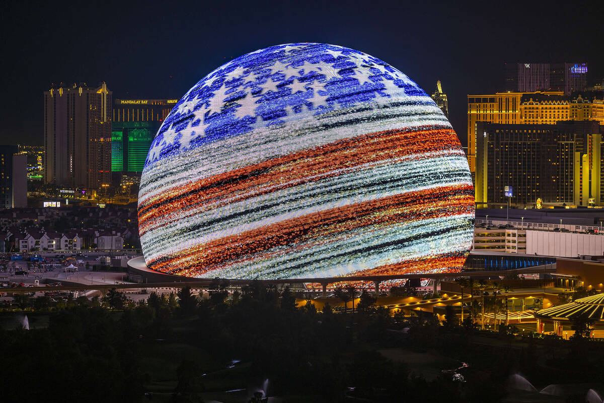 The Sphere illuminates the Las Vegas skyline to celebrate Independence Day as the Exosphere is ...