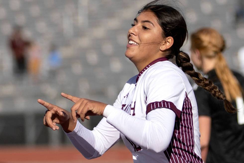 Faith Lutheran’s Andrea Leyva, left, runs to celebrate after scoring a goal against Gale ...