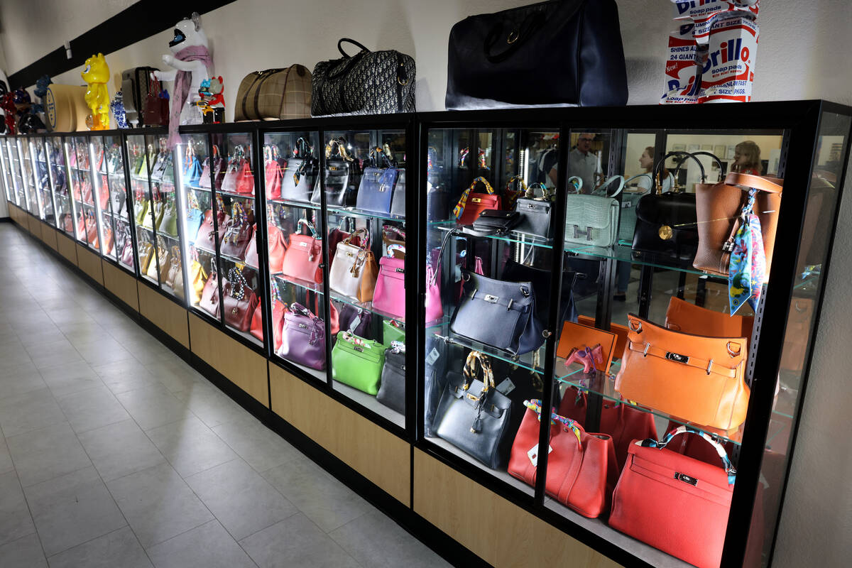 Designer handbags are shown at Max Pawn Luxury on South Decatur Boulevard in Las Vegas, Friday, ...