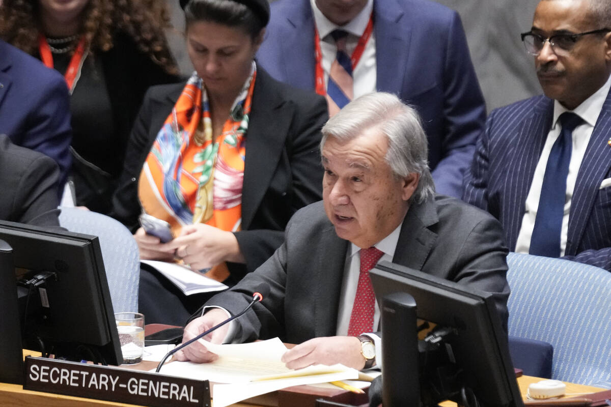 United Nations Secretary-General Antonio Guterres speaks during a Security Council meeting at U ...