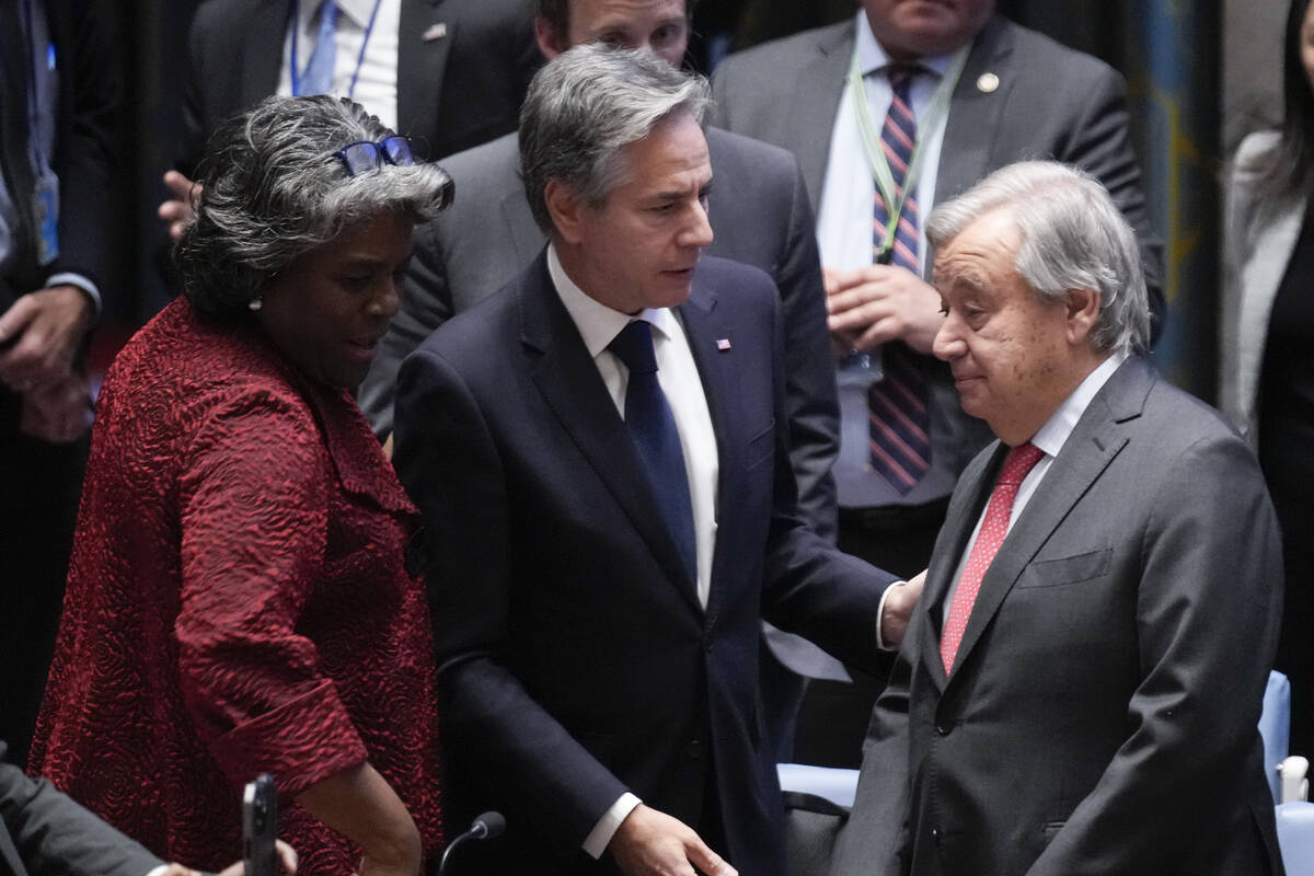 United States Secretary of State Antony Blinken, center, and U.S. Ambassador to the United Nati ...