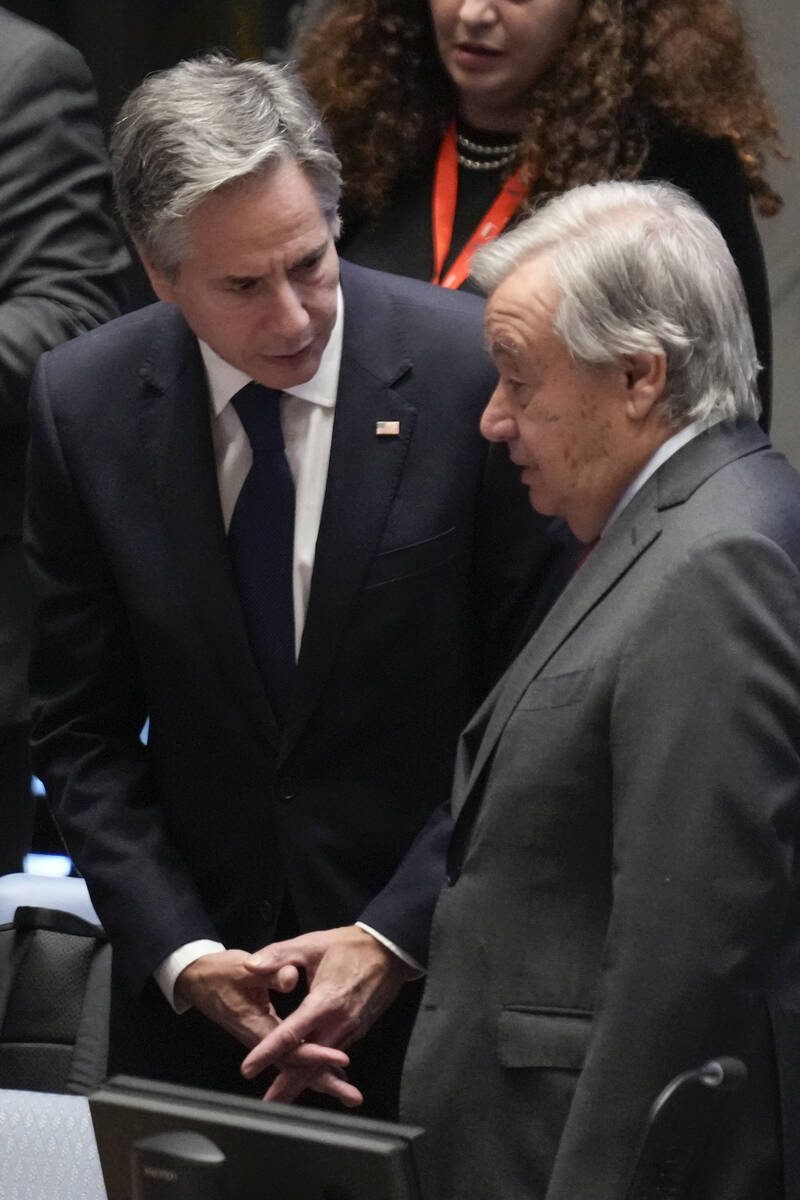 U.S. Secretary of State Antony Blinken, left, talks with United Nations Secretary-General Anton ...