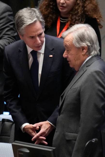 U.S. Secretary of State Antony Blinken, left, talks with United Nations Secretary-General Anton ...