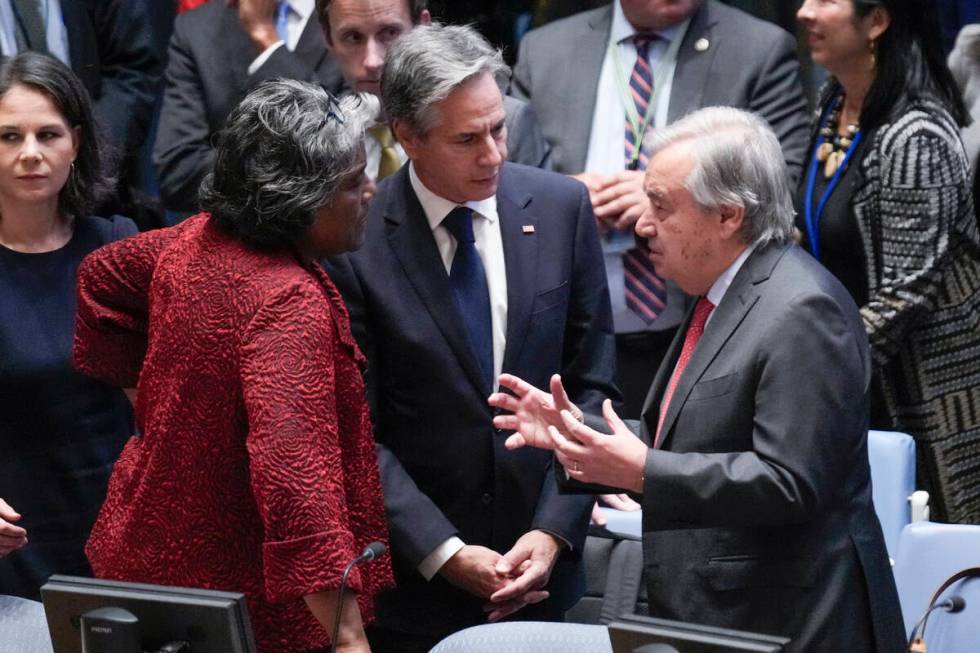 U.S. Secretary of State Antony Blinken, center, and U.S. Ambassador to the United Nations Linda ...