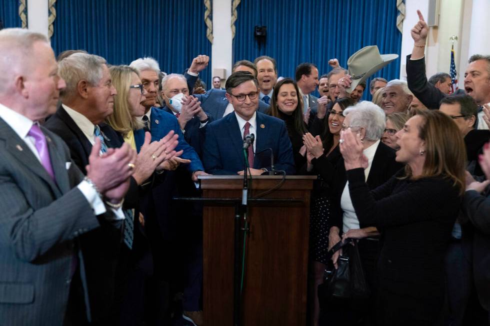 Rep. Mike Johnson, R-La., speaks after he was chosen as the Republicans latest nominee for Hous ...