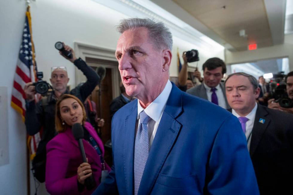 Former House Speaker Kevin McCarthy of Calif., arrives as Republicans meet to decide who to nom ...