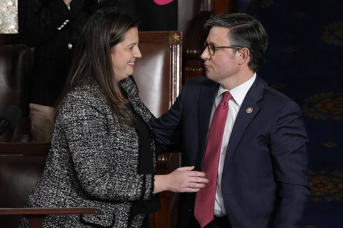 Rep. Elise Stefanik, R-N.Y., Chair of the Republican Conference, left, nominates Rep. Mike John ...