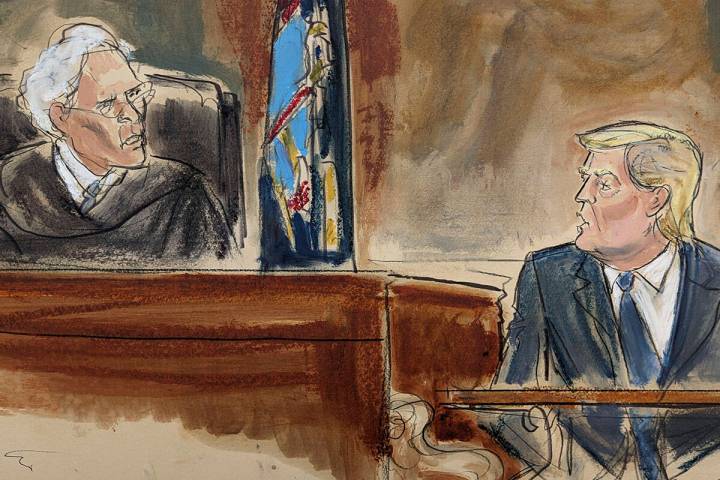 In this courtroom sketch, Judge Arthur Engoron questions former President Donald Trump on the w ...