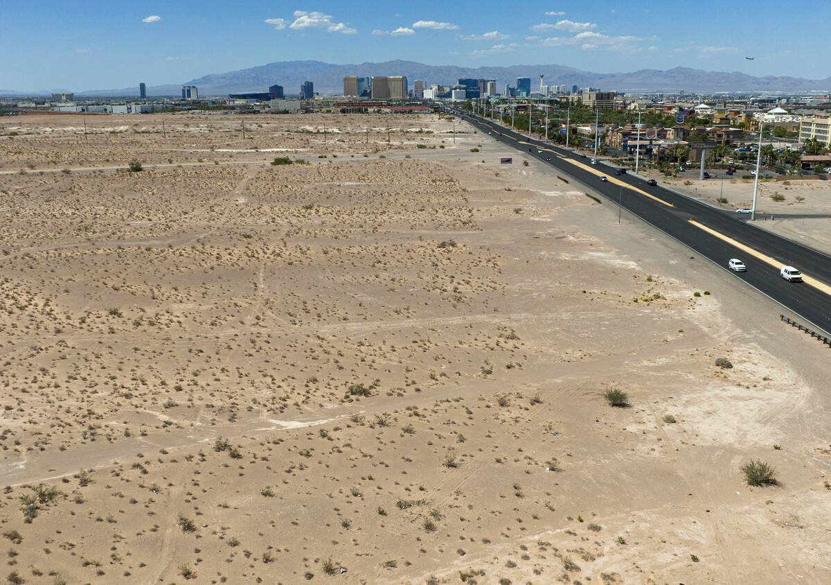 An aerial view of a vacant land south of the Strip at Northwest corner of Las Vegas Boulevard a ...