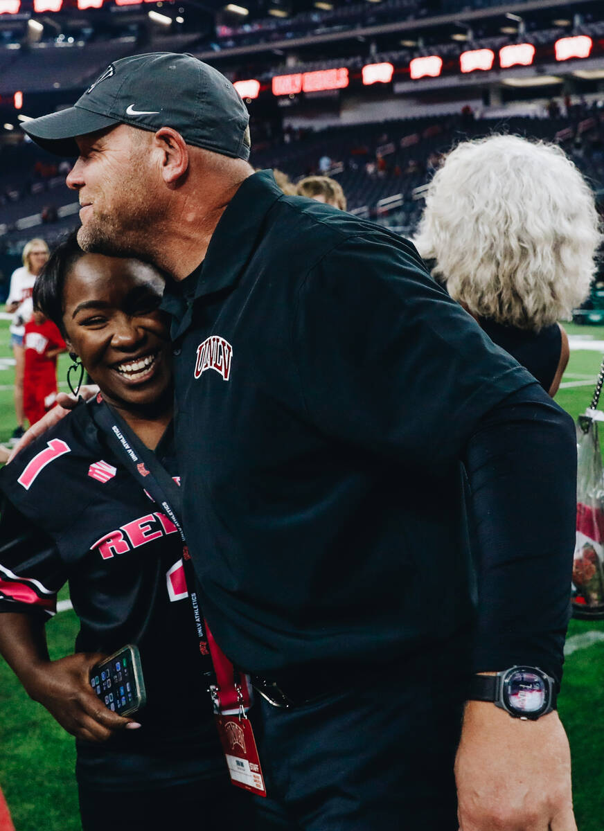 UNLV head coach Barry Odom celebrates after beating Colorado State and becoming bowl eligible a ...