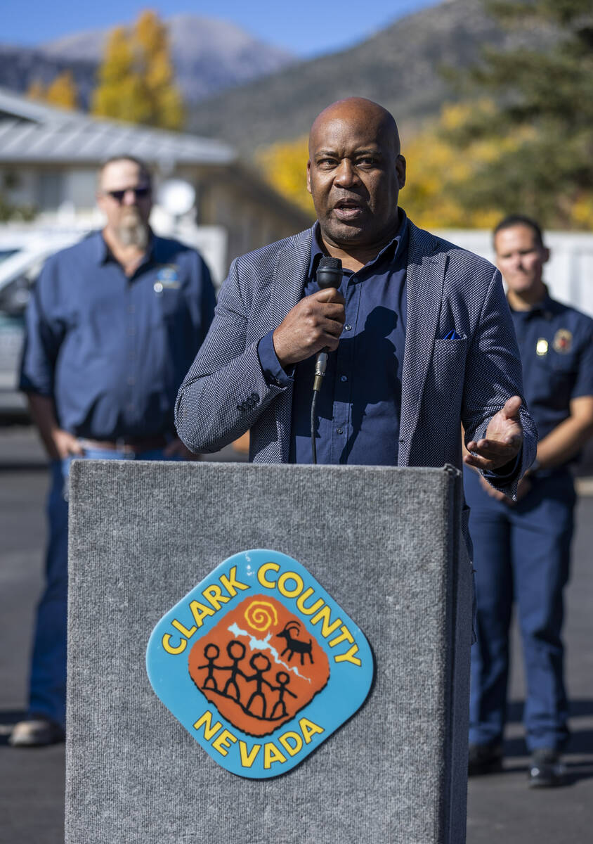 Cory Enus with the Las Vegas Valley Water District speaks as part of a press conference with mu ...