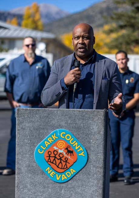 Cory Enus with the Las Vegas Valley Water District speaks as part of a press conference with mu ...