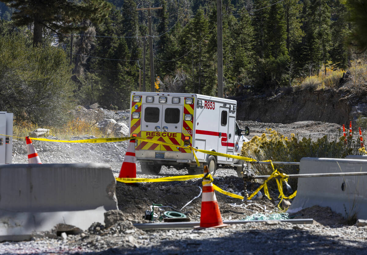 A rescue vehicle makes its way along Echo Road as repairs continue at Mount Charleston from Tro ...