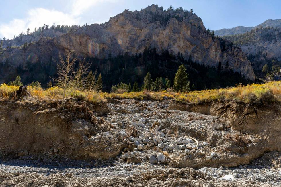 The path of rushing water carves out a deeper wash into another along Echo Road as repairs cont ...