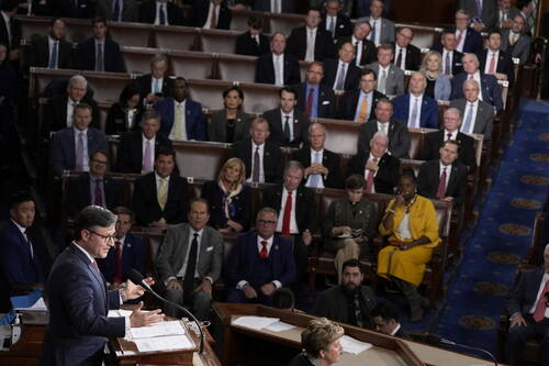 House Speaker-elect Rep. Mike Johnson, R-La., addresses members of Congress at the Capitol in W ...