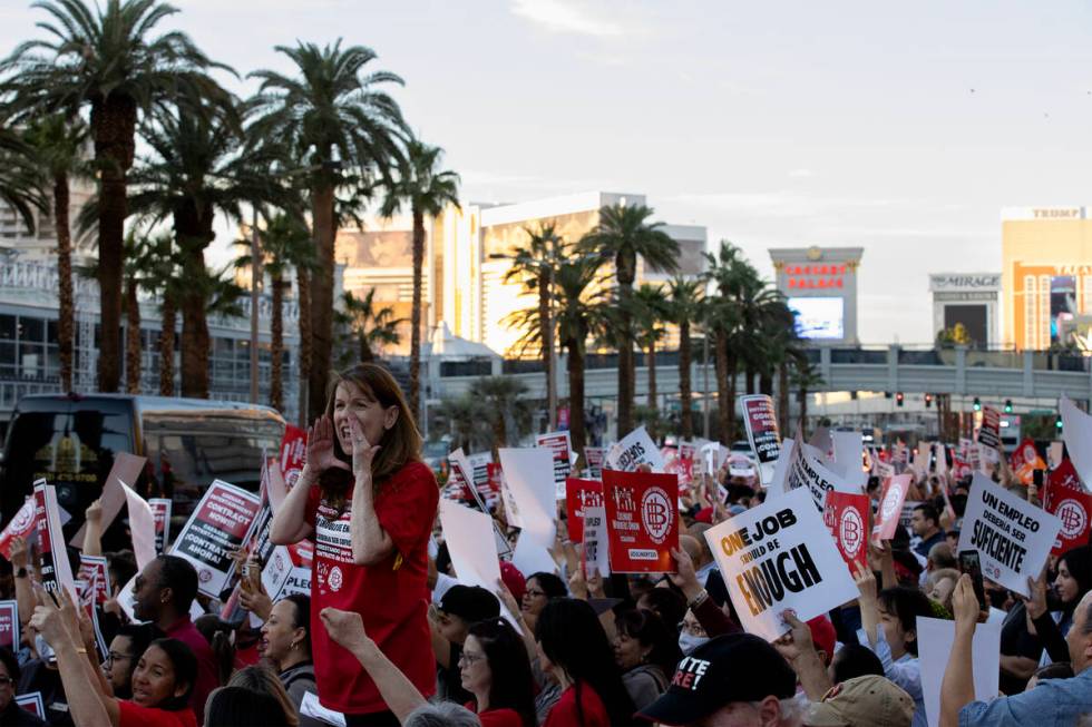 Thousands of culinary union members rally along Las Vegas Boulevard on Wednesday, Oct. 25, 2023 ...